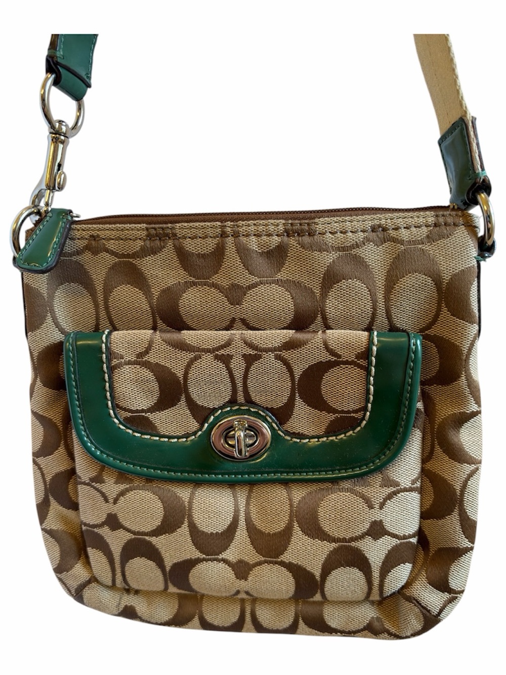 Coach Signature C Monogram Brown & Tan Canvas Green Leather Trim Crossbody Bag